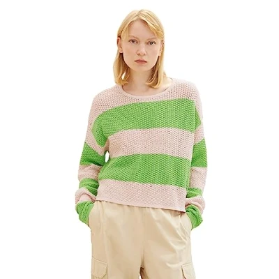 Abbildung von TOM Tailor Denim MIT Struktur Strickpullover, Damen, Größe: Large, Green rose colorblock stripe