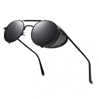 Abbildung von RONSOU Steampunk Stil Rund Vintage Sonnenbrillen Retro Brillen UV400 Schutz Metall Rahmen schwarz rahmen/grau linse