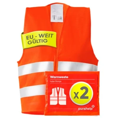 Abbildung von PURAHELP Warnwesten Auto 2er Set Europaweit gültig nach EN ISO 20471 Reflektierende Warnweste Sicherheitsweste Orange Warnschutzweste Sicherheitswesten für Erwachsene