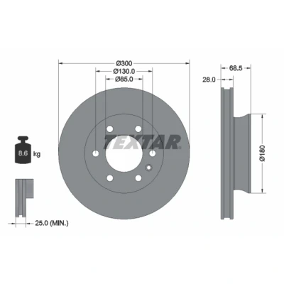Abbildung von TEXTAR 92301203 Bremsscheibe 300 28 06/07 130 innenbelüftet beschichtet ohne Radbefestigungsbolzen, Radnabe MERCEDES BENZ: Sprinter 3.5 t Van