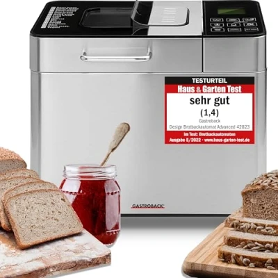 Abbildung von Gastroback 42823 Design Brotbackautomat Advanced, Edelstahl Brotbackmaschine 18 Programme, automatisches Zutatenfach, für 500 g, 750 g und 1.000 g Brotlaibe, Sichtfenster, Timer, 18/8, silber