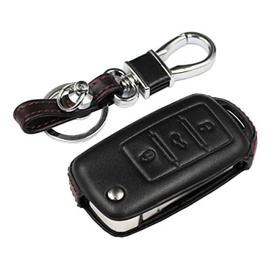 Abbildung von M.JVisun Echtes Leder Fall Abdeckung für Volkswagen Beetle Bora C Trek Eos Golf MK6 Jetta Passat Polo MK5 Scirocco Sharan Tiguan Touran UP 3 Tasten Faltbarer Autoschlüssel Schwarz
