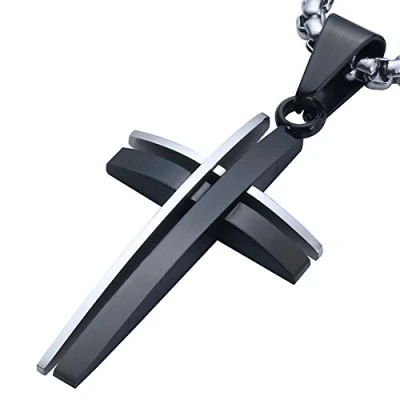 Abbildung von DonDon Herren Halskette 52 cm zweifarbiger Kreuz Anhänger Edelstahl und schwarzem Schmuckbeutel