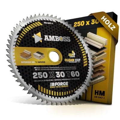 Abbildung von HM Kreissägeblatt 250x30 Z60 Wechselzahn neg. für Holz Kappsäge Feinschnitt. AMBOSS WERKZEUGE® Sägeblatt 250mm komp. zu Dewalt DWE 7492 Güde GTK 2000 PowerPlus POWX07598. Holzmann. Atika. Bernardo