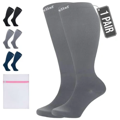 Abbildung von 360 Relief Kompressionsstrümpfe Damen und Herren 1 Paar Kompressionssocken Einfarbig für Sport, Laufen, Flug, Reise, Joggen, Radsport, Kniestrümpfe, 4XL Grau mit Wäschenetz