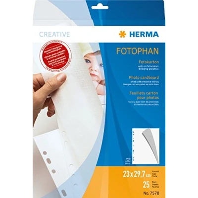 Abbildung von HERMA 7578 Fotokarton weiß, 25 Stück, 23 x 29,7 cm, 220 g/m², Tonkarton zum Abheften mit Pergamin Papier und Eurolochung für Fotos, Bilder, Postkarten, Fotoalbum, Ordner, Ringbuch oder Basteln