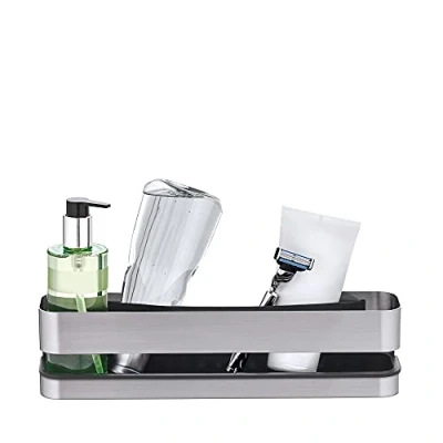 Abbildung von blomus NEXIO Duschkorb aus mattiertem Edelstahl, praktischer Kunststoffeinsatz für vereinfachte Reinigung, inkl Halterung, exklusives Badaccessoire (H / B T: 8,5 x 34 8 cm, 68942)