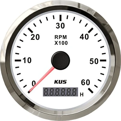 Abbildung von KUS Drehzahlmesser mit Betriebsstundenzähler 6000RPM 85 mm 12V/24V Hintergrundbeleuchtung (weiß)
