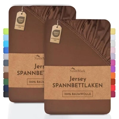 Abbildung von NatureMark 2er Pack Kinder Jersey Spannbettlaken, Spannbetttuch 100% Baumwolle in vielen Größen und Farben MARKENQUALITÄT ÖKOTEX Standard 100 70x140 cm Schoko braun