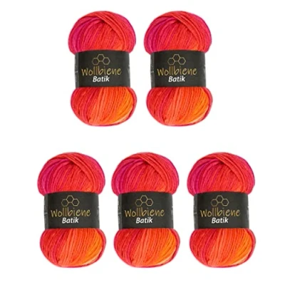 Abbildung von 5 x 100g Wollbiene Batik 500 Gramm Wolle mit Farbverlauf mehrfarbig Multicolor Strickwolle Häkelwolle (1410 rot orange)