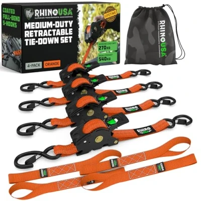 Abbildung von Einziehbare Spanngurte mit Ratsche (4 Pack) 540 kg garantieren maximale Bruchfestigkeit, inklusive (4) ultimativen 2.5 cm x 3 m großen, automatisch einziehbaren Gurten gepolsterten Griffen Orange