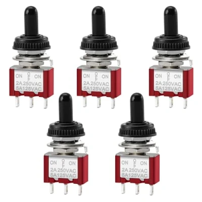 Abbildung von Heschen Kleiner federnder Kippschalter MTS 123, (AN) AUS SPDT, 3 polig, 2A, 250V, 5A, 120V, mit wasserdichter Abdeckung, 5 Stück