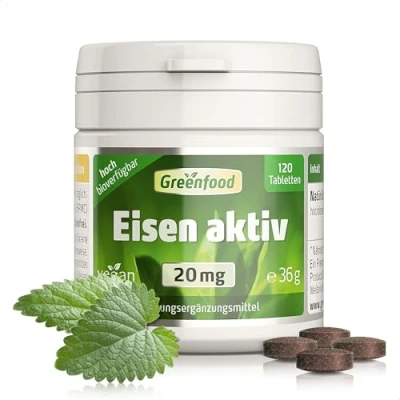 Abbildung von Eisen aktiv, 20 mg, hochdosiert, 120 Tabletten, vegan, hohe Verfügbarkeit, hervorragend verträglich wichtig für Immunsystem, Blutbildung und Energie. Ohne künstliche Zusätze. Gentechnik.