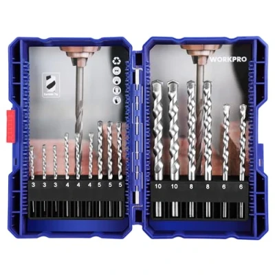 Abbildung von WORKPRO 15tlg. Steinbohrer Set mit Aufbewahrungskoffer, 3, 4, 5, 6, 8, 10mm Durchmesser Bohrerset, Werkzeug zum Bohren in Stein &amp; Mauerwerk