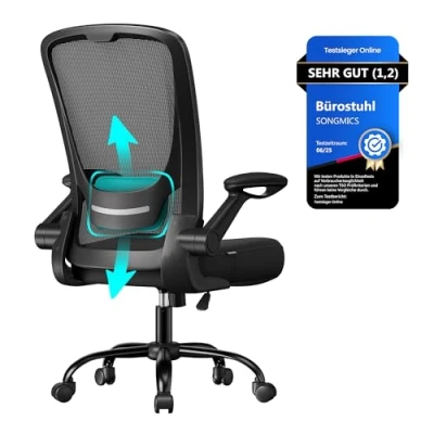 Abbildung von SONGMICS Bürostuhl, Schreibtischstuhl, Drehstuhl mit Netzbespannung, ergonomisch, gepolsterte Lendenstütze, Wippfunktion, 53 cm große Sitzfläche, klappbare Armlehnen, schwarz OBN37BK