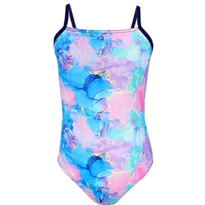Abbildung von Aquarti Mädchen Badeanzug mit Spaghettiträgern Streifen, Farbe: Tie Dye/Dunkelblau/Blau/Lila/Rosa, Größe: 146
