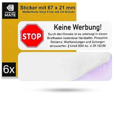 Abbildung von Briefkastenaufkleber &quot;Keine Werbung&quot;, 6 Stück, 67 x 21 mm, selbstklebende Folie mit BGH Hinweis, Hinweisschild Sticker für Innen und Außenbereich, Keine Werbung Aufkleber Tattoo Schild Briefkasten