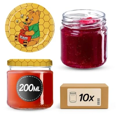 Abbildung von KADAX Kleine Einmachgläser 200 ml, Marmeladengläser mit Deckel, fi66 mm, Minigläser für Honig und Gewürze, Luftdichte Gläschen, Einweckglas, Gläser, Einweckgläser, Rundgläser (10 Stück, Winnie Puuh)