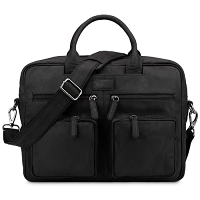 Abbildung von LEABAGS Leder Aktentasche Herren &amp; Damen I Echtleder Laptoptasche bis 15 Zoll Umhängetasche mit Schultergurt Schultertasche Messenger Bag Arbeitstasche Lehrertasche Nature Schwarz