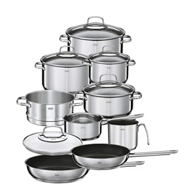 Abbildung von RÖSLE ELEGANCE Topfset 10 tlg., 6 hochwertige Kochtöpfe, 1 Dämpfeinsatz, 2 Bratpfannen im Set, Edelstahl 18/10, mit Glasdeckel und Innenskalierung, spülmaschinengeeignet