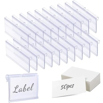 Abbildung von Meetory 50 Stück Etikettenhalter aus Kunststoff Transparent Preisschildhalter Regal für Draht Regale Preisetiketten zur Waren Beschilderung (6 cm x 4.2 cm)