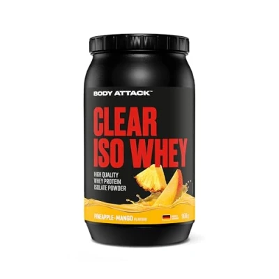 Abbildung von Body Attack CLEAR Iso Whey Pineapple Mango Flavour 900g Made in Germany Erfrischendes, klares Protein Isolat 24 g und 11.400 mg EAAs* pro Shake, zucker &amp; fettfrei
