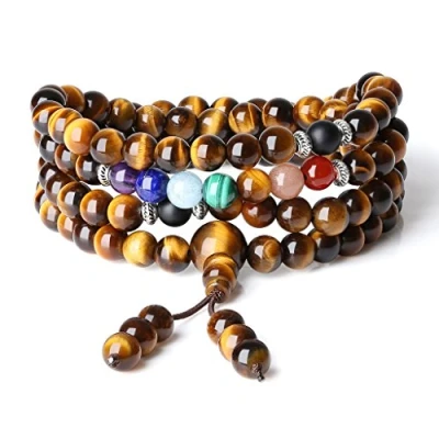 Abbildung von COAI Geschenkideen Unisex Mala Kette Wickelarmband aus 7 Chakren und Tigerauge Tibetische Halskette