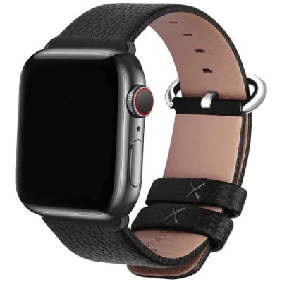 Abbildung von Fullmosa kompatibel mit Apple Watch 9 8 7 Armband 45mm, SE Series 6/5/4 44mm,Series 3/2/1 42mm, Ultra2/Ultra 49mm, Leder Ersatzarmband für iwatch Band, Schwarz