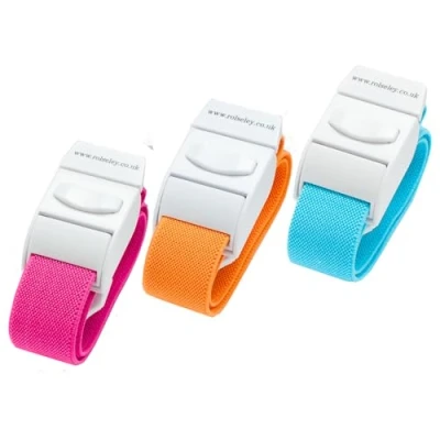 Abbildung von 3 Farben Venenstauer Stauschlauch Stauband von Rolseley (Rosa/Orange/Blau Türkis)