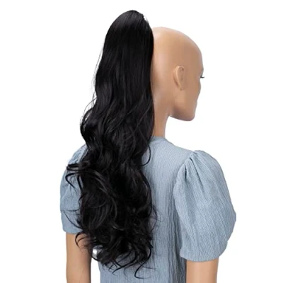 Abbildung von CAISHA 60cm Haarteil Ponytail Zopf Pferdeschwanz Haarverlängerung Voluminös Leicht Gewellt Schwarzbraun H517
