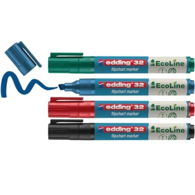 Abbildung von edding 32 EcoLine Flipchartmarker Set bunte Farben 4 Stifte Keilspitze 1 5 mm Stift zum Schreiben und Markieren auf Flipcharts Tinte schlägt nicht durch Papier trocknet aus nachfüllbar