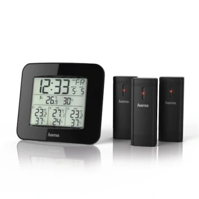 Abbildung von Hama EWS Trio Funkwetterstation (3 Sensoren, digital, Ellbogen 50m, Thermometer, Hygrometer, Display mit Hintergrundbeleuchtung, 14,7 x 2,6 13,3) schwarz