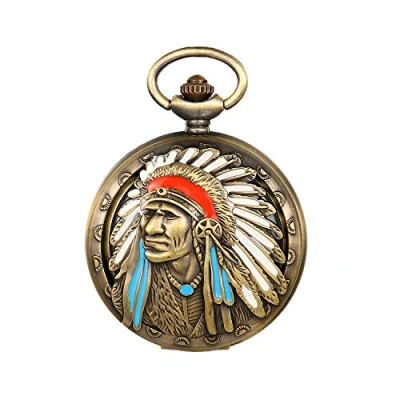 Abbildung von JewelryWe Taschenuhr Herren Analog Quarz Vintage Indianer Alter Mann Uhr Pocket Watch mit Halskette Kette
