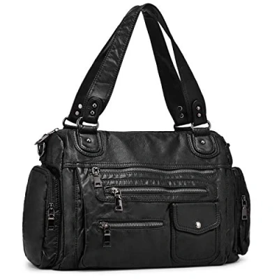 Abbildung von VINBAGGE Damen Handtasche Große Schultertasche PU Leder Henkeltasche Frauen Weiches Hobo Tasche Umhängetasche für Reisen Schule Shopping Mädchen Schwarz