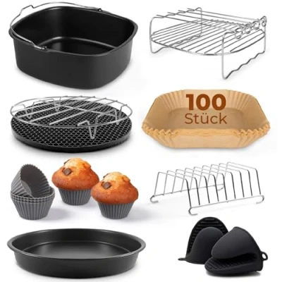 Abbildung von Fentic Zubehör Heißluftfritteuse XL und XXL ⌀ 20cm Airfryer für Philips XXL, COSORI 5.5L, Cecotec, Tefal Inklusive Backpapier (100 Stück) 10 Teiliges Set