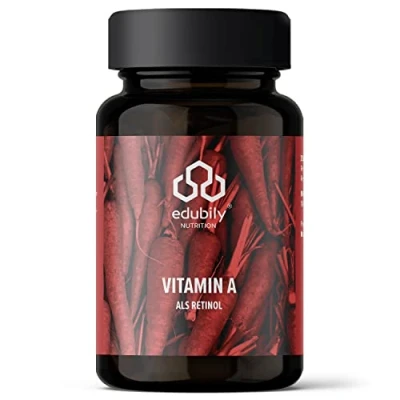 Abbildung von edubily nutrition® Vitamin A Kapseln als Retinol 400 I.E. Retinylacetat pro Kapsel 2000 Tag und Vegan 180