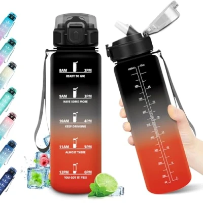 Abbildung von Trinkflasche 1000ml, Sport Wasserflasche mit Strohhalm, Auslaufsicher, Zeitmarkierung, BPA frei, für Gym, Fahrrad, Büro, Outdoor, Erwachsene, Schule, Yoga,