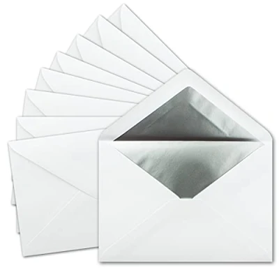Abbildung von 50x DIN C5 Kuverts 15,7 x 22,5 cm in weiß mit silbernem Seidenfutter Nassklebung Blanko Brief Umschläge Post ohne Fenster im Format Marke: FarbenFroh by GUSTAV NEUSER
