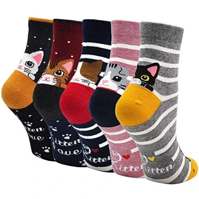 Abbildung von Lustige Socken Damen Bunte aus Baumwolle, Witzige Tier Frauen Weihnachtssocken, 5 Paare, EU 37 43 (Katzen)
