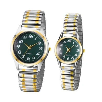 Abbildung von JewelryWe Paar Uhren Edelstahl Stretcharmband: 2pcs Elastische Analog Quarz Partner Armbanduhr Gold Silber Edelstahlarmband mit Zugarmband &amp; Grünem Großen Zahlen Zifferblatt