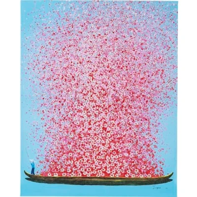 Abbildung von Kare Design Bild Touched Flower Boat Blau/Pink, Gemälde, Pastellfarben, Asia Stil, buntes Wandbild, Canvas Leinwand, Massivholz Rahmen, handgemalte Details mit Acrylfarbe, Abstrakt, 100x80x4 cm