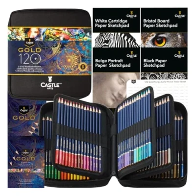 Abbildung von Castle Art Supplies Gold Standard 120 Buntstifte Set mit Extras Hochwertige Farbkerne auf Ölbasis, spitzer, widerstandsfähiger gegen Bruch Für erfahrene Künstler, Farbkünstler Reißverschlussetui