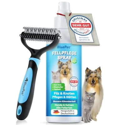 Abbildung von BluePet SET Entfilzungsspray + Entfilzer für Hunde &amp; Katzen = Sanft Verfilzungen Entfernen I Anti Filz Spray Fellspray Haustiere Made in Deutschland Aloe Vera, Shea Butter Jojobaöl