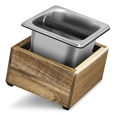 Abbildung von Navaris Abklopfbehälter aus Akazienholz 18x17x11cm Abschlagbehälter für Siebträger Zubehör Espresso Kaffeemaschine Siebträgermaschine schwarz