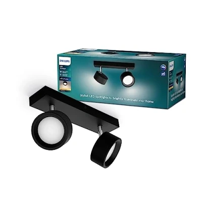 Abbildung von Philips Bracia 2 er LED Spots (11 W), zweiflammige Wandspots mit warmweißem Licht, energiesparende Raumbeleuchtung langer Nutzlebensdauer, schwarz