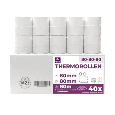 Abbildung von Thermorollen 80mm x 80m 12mm Kassenrollen Bonrollen für Registrierkasse Bondrucker Thermopapier BPA Frei (40 Rollen)
