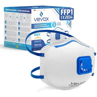 Abbildung von VEVOX® FFP1 Atemschutzmasken Im 5er Set mit Komfort Plus Abdichtung Staubschutzmaske Ventil Für den zuverlässigsten Schutz