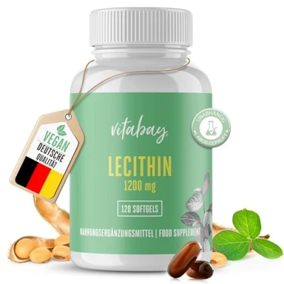 Abbildung von Vitabay Lecithin 1200 mg 120 vegane Sojalecithin Softgels Soja mit Phosphatidylcholin Rein biologisch &amp; ohne Gentechnik Stillen Vitamine Vitamin E Pulver Alternative