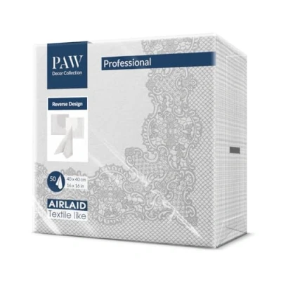Abbildung von PAW Servietten aus Airlaid Stoffähnlich (40 x 40 cm) I 50 Stück Ideal für Hochzeit, Taufe, Kommunion, Geburtstag Tischdeko Rückseite Muster Weiß Silber Reverse Royal Lace silver white