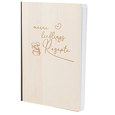 Abbildung von Notizbuch mit Holz Cover in A5 MEINE LIEBLINGS REZEPTE Echtholz Notebook zum Reinschreiben Holzeinband 192 blanko Seiten 90g, Holzart:Ahorn